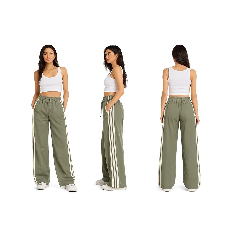 Olive Green Wide Leg Track Pants with Side Stripes Drawstring Trousers